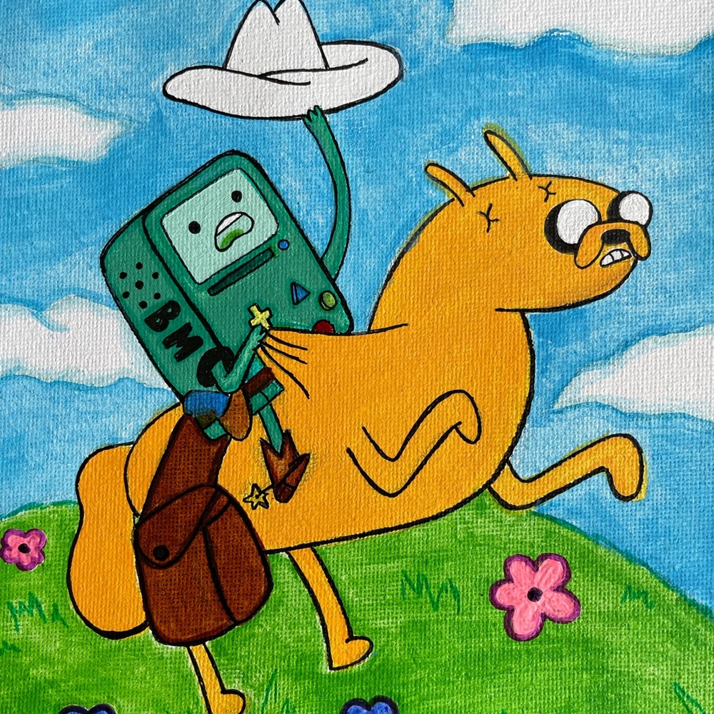 Adventure time cowboy beemo riding Jake the dog hand painted canvas art - Picture 12 of 16